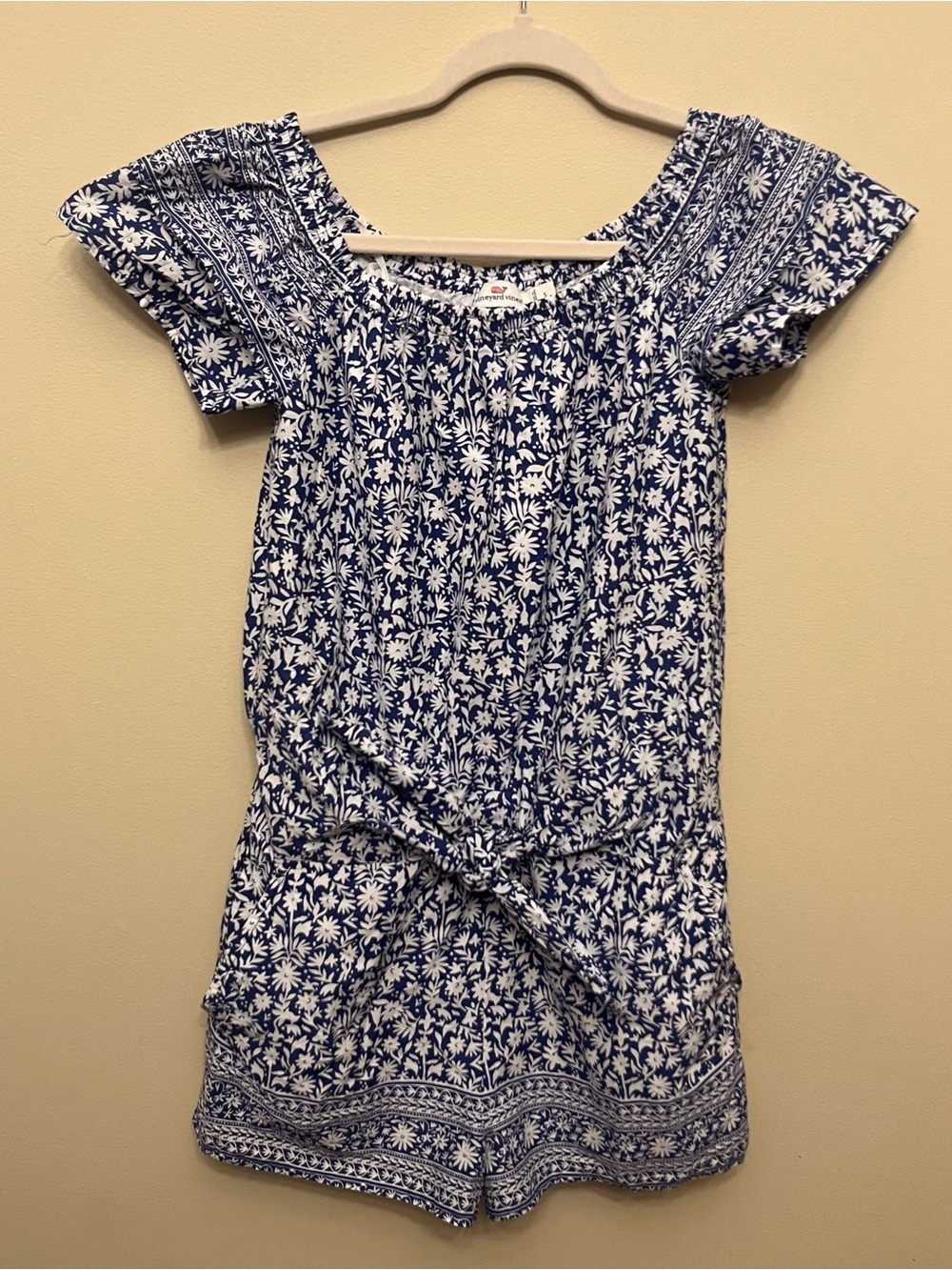 Vineyard Vines Bahamas Otomi Floral Off-Shoulder Romper Women's Small Blue White
